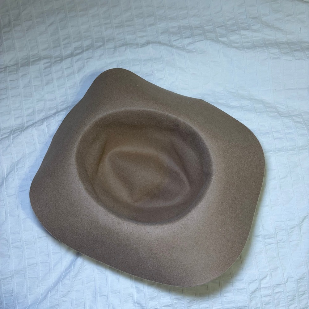 Wide Brim Fedora Women OS Taupe Tan Wool Felt Boho‎ Floppy Hat Ribbon - Picture 3 of 3